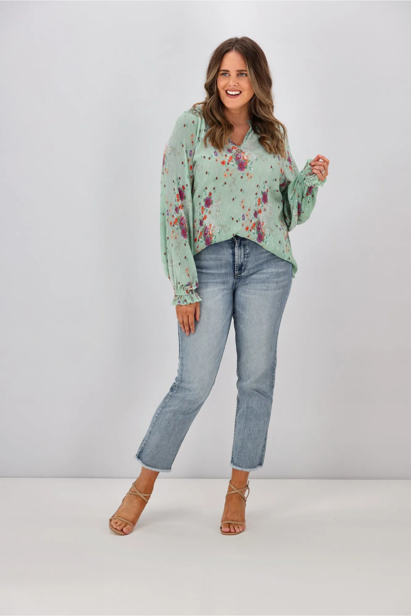 Gloss By Shine On Mila Micro Pleated Blouse Sage