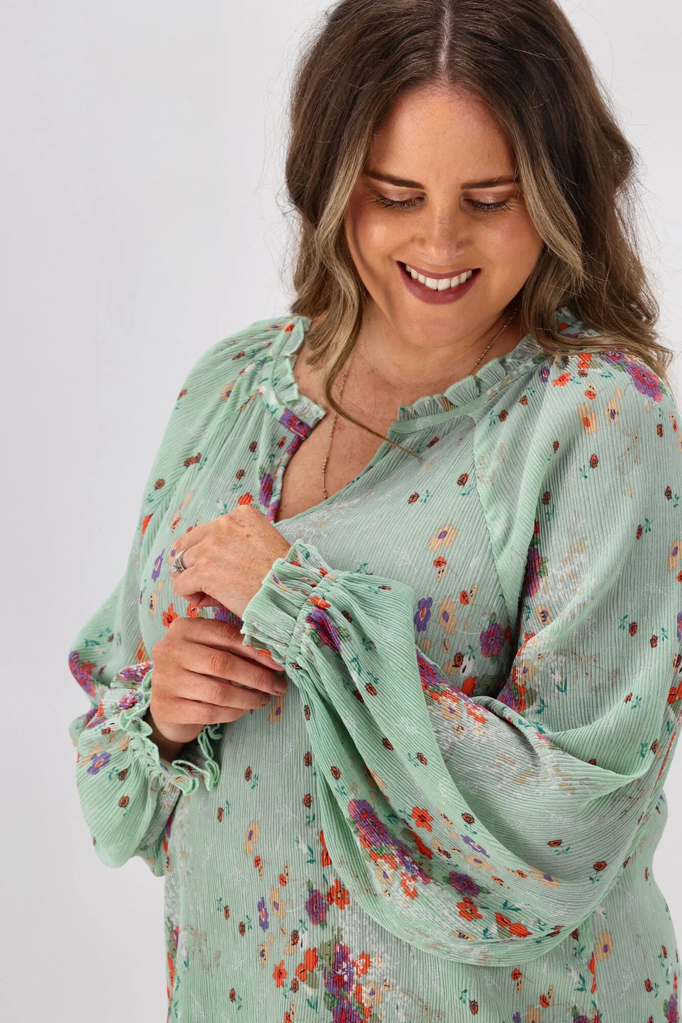 Gloss By Shine On Mila Micro Pleated Blouse Sage