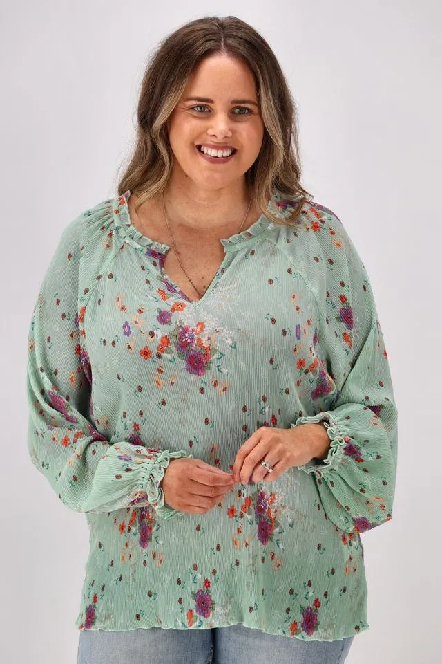 Gloss By Shine On Mila Micro Pleated Blouse Sage