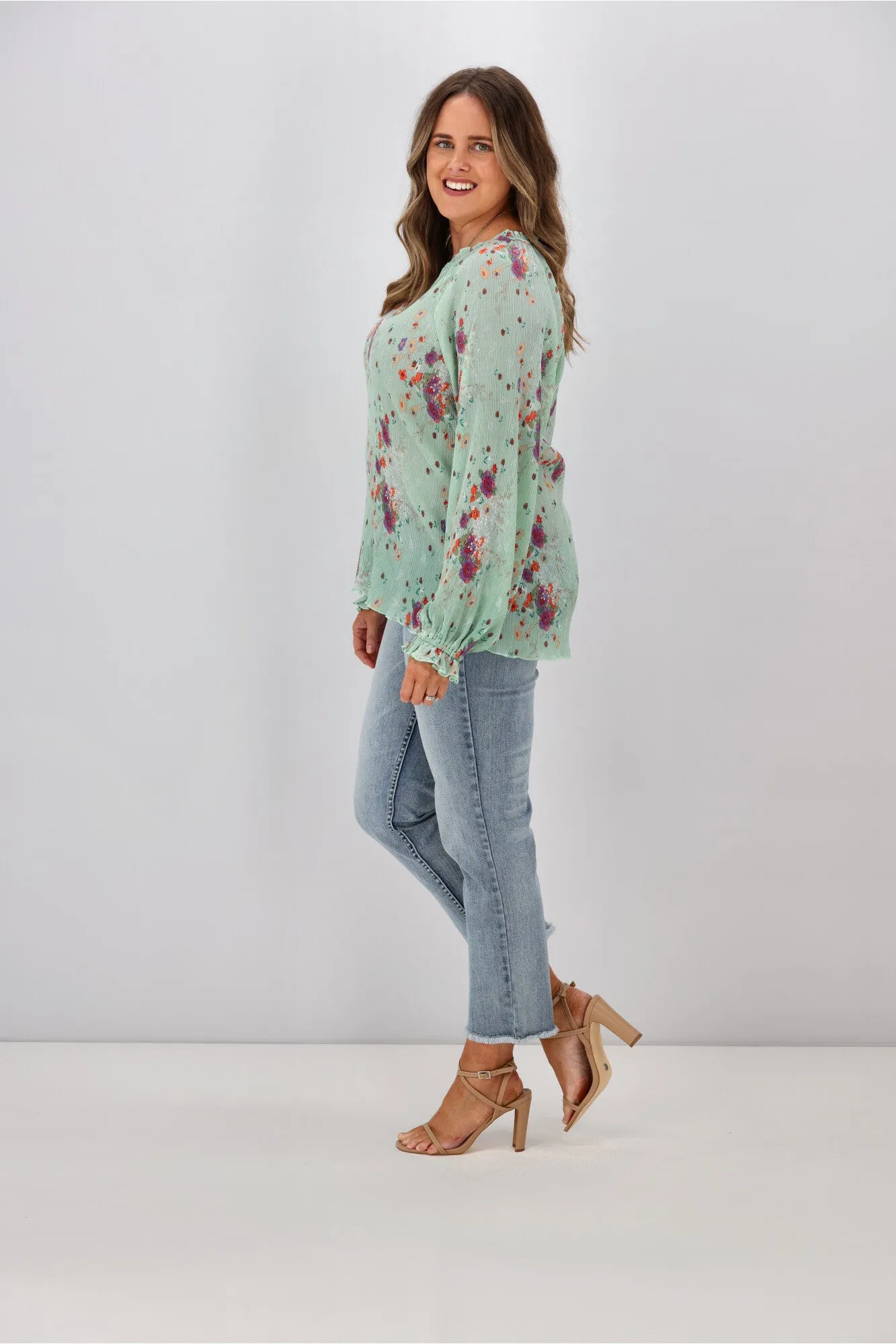 Gloss By Shine On Mila Micro Pleated Blouse Sage