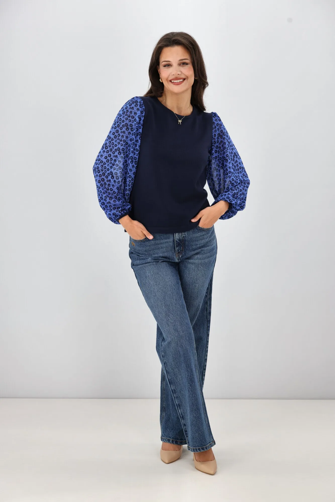 Gloss The Label Sable Contrast Sleeve Top Azure Floral