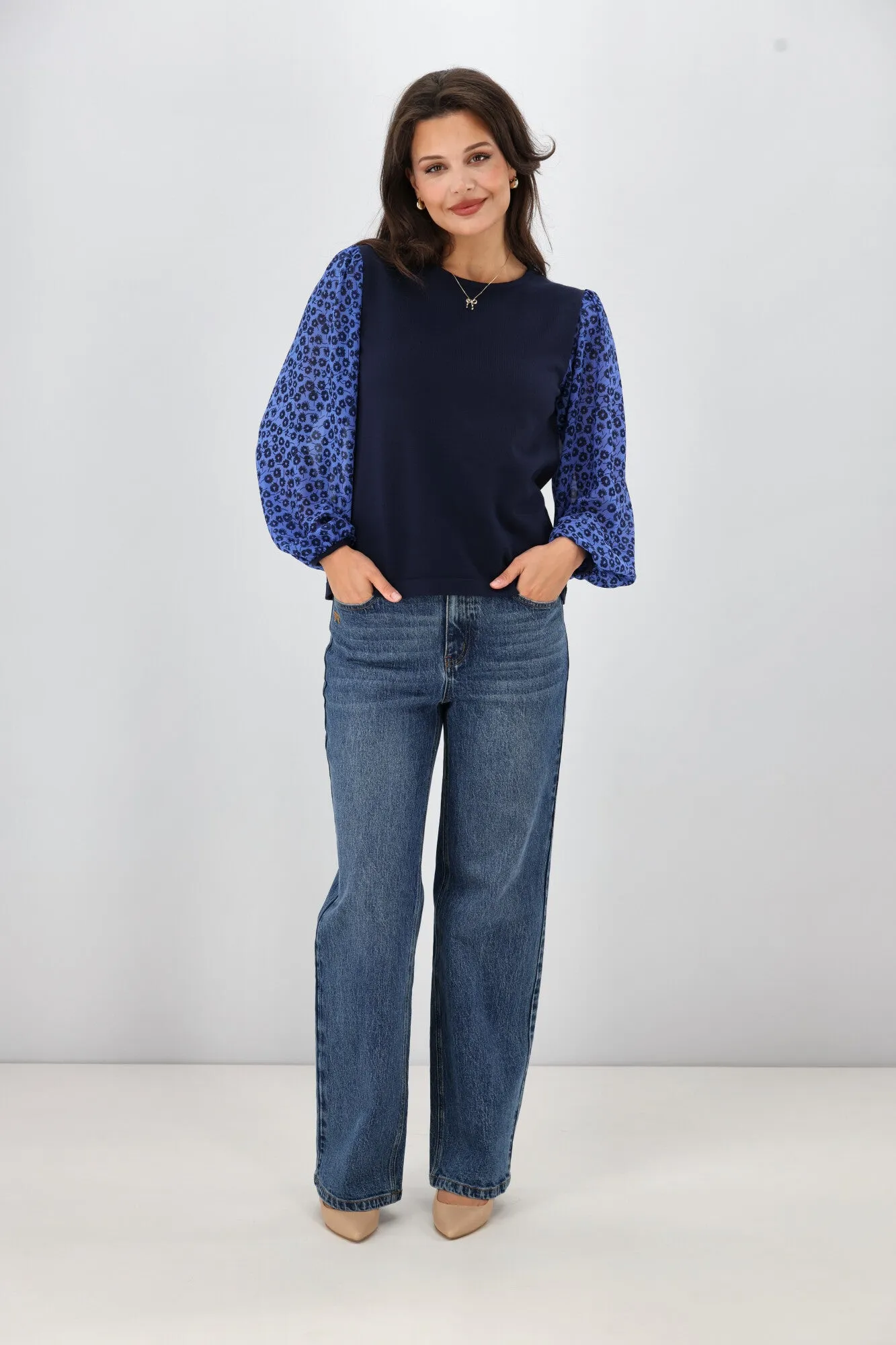 Gloss The Label Sable Contrast Sleeve Top Azure Floral