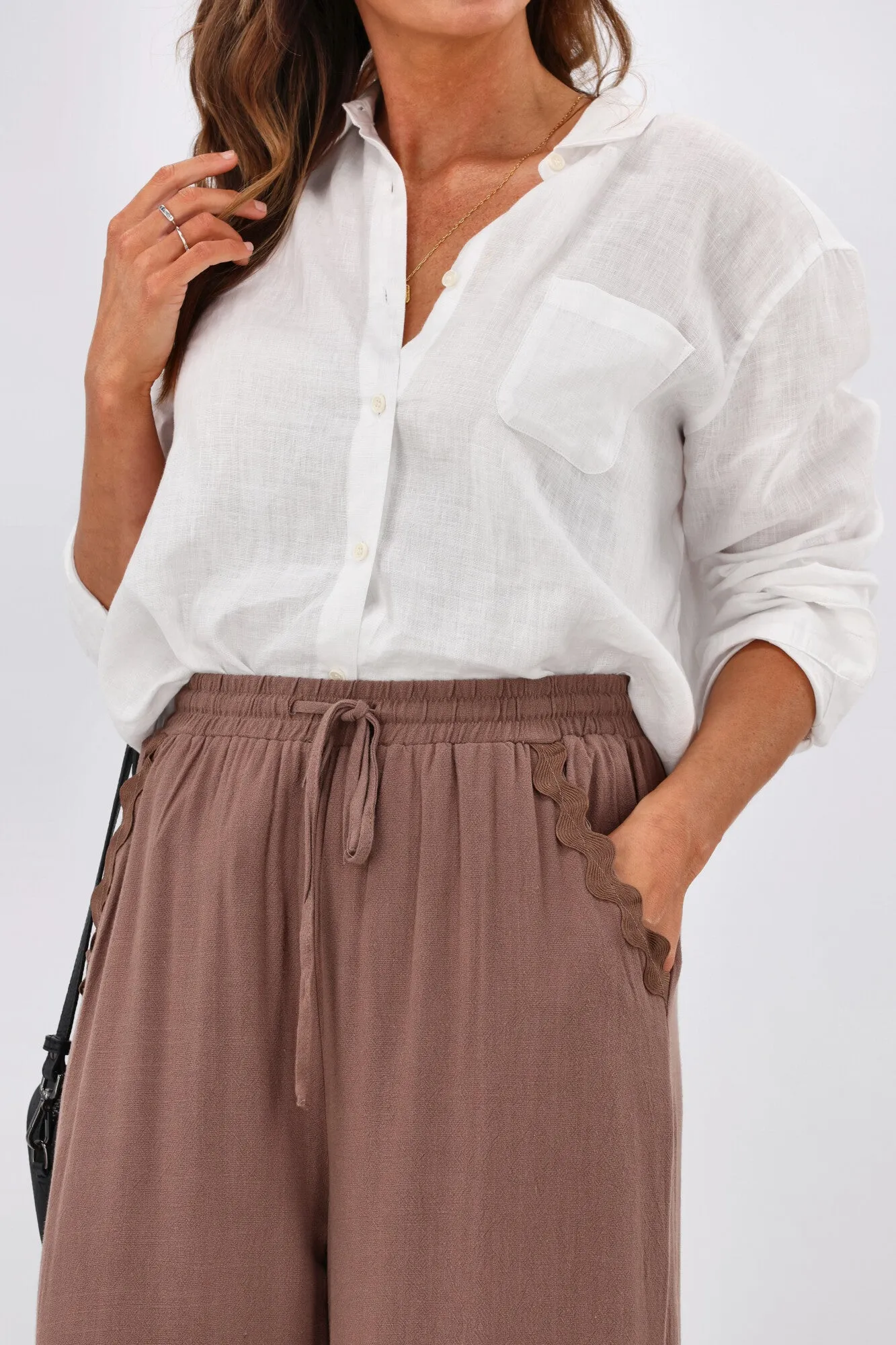 Grace & Co Ric Rac Trim Linen Pants Chocolate