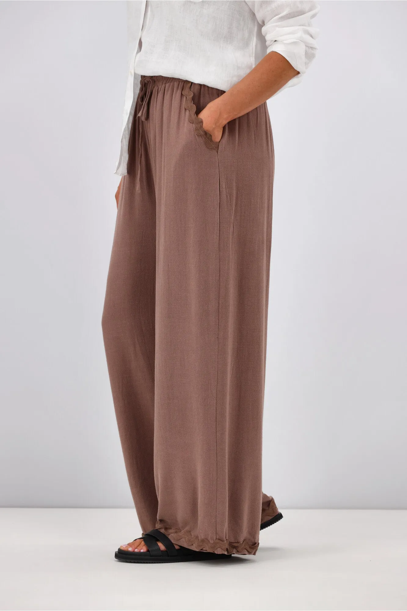 Grace & Co Ric Rac Trim Linen Pants Chocolate