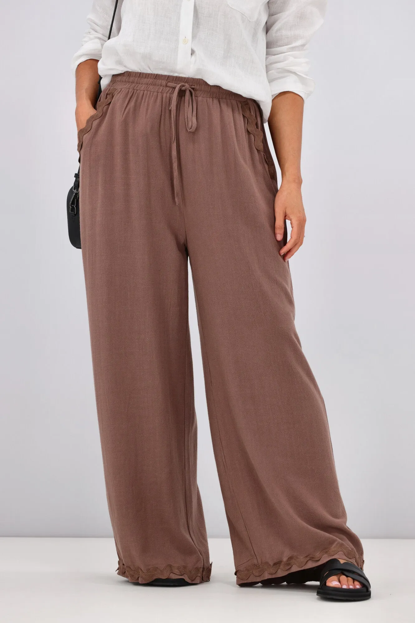 Grace & Co Ric Rac Trim Linen Pants Chocolate