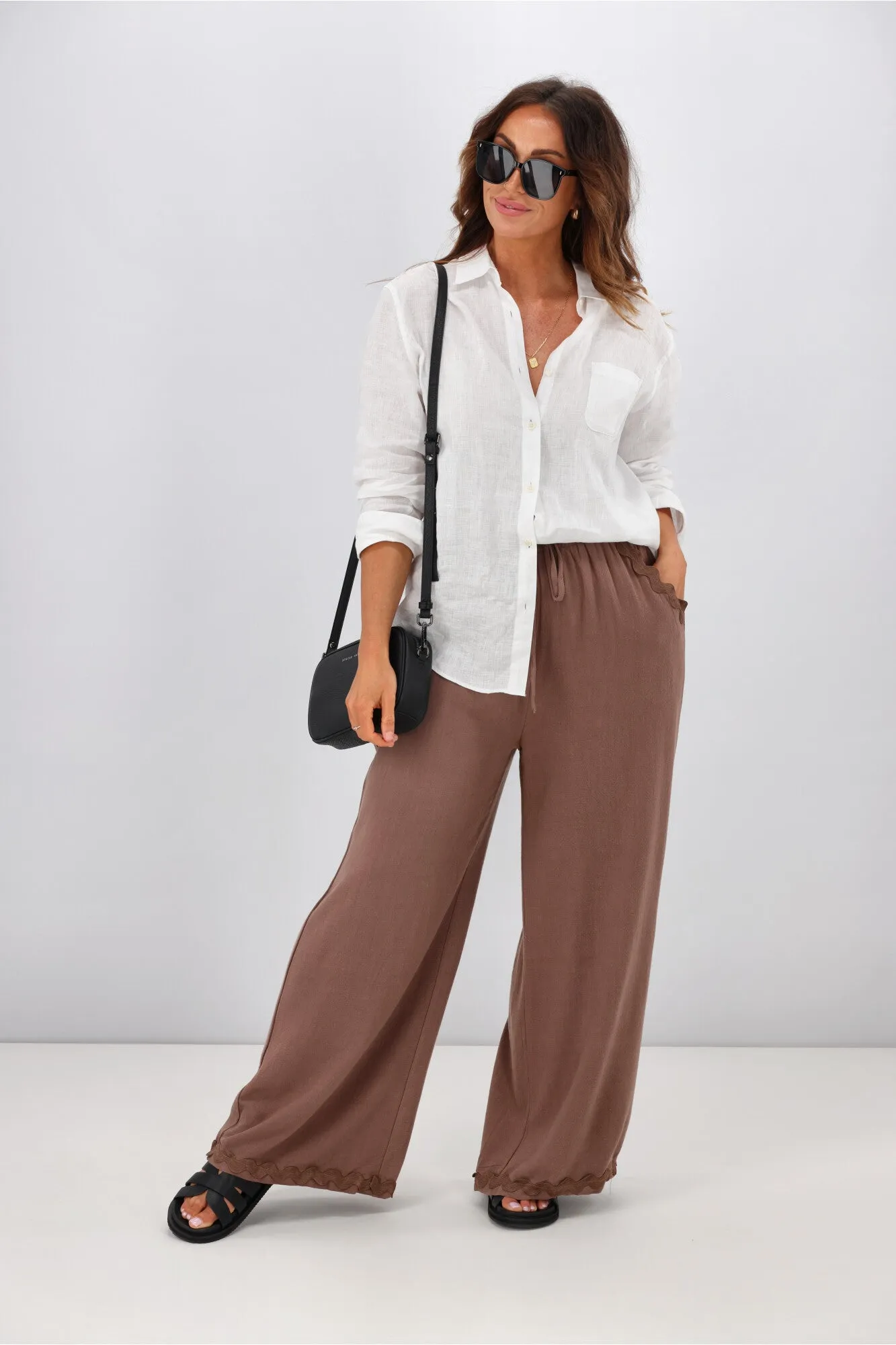 Grace & Co Ric Rac Trim Linen Pants Chocolate