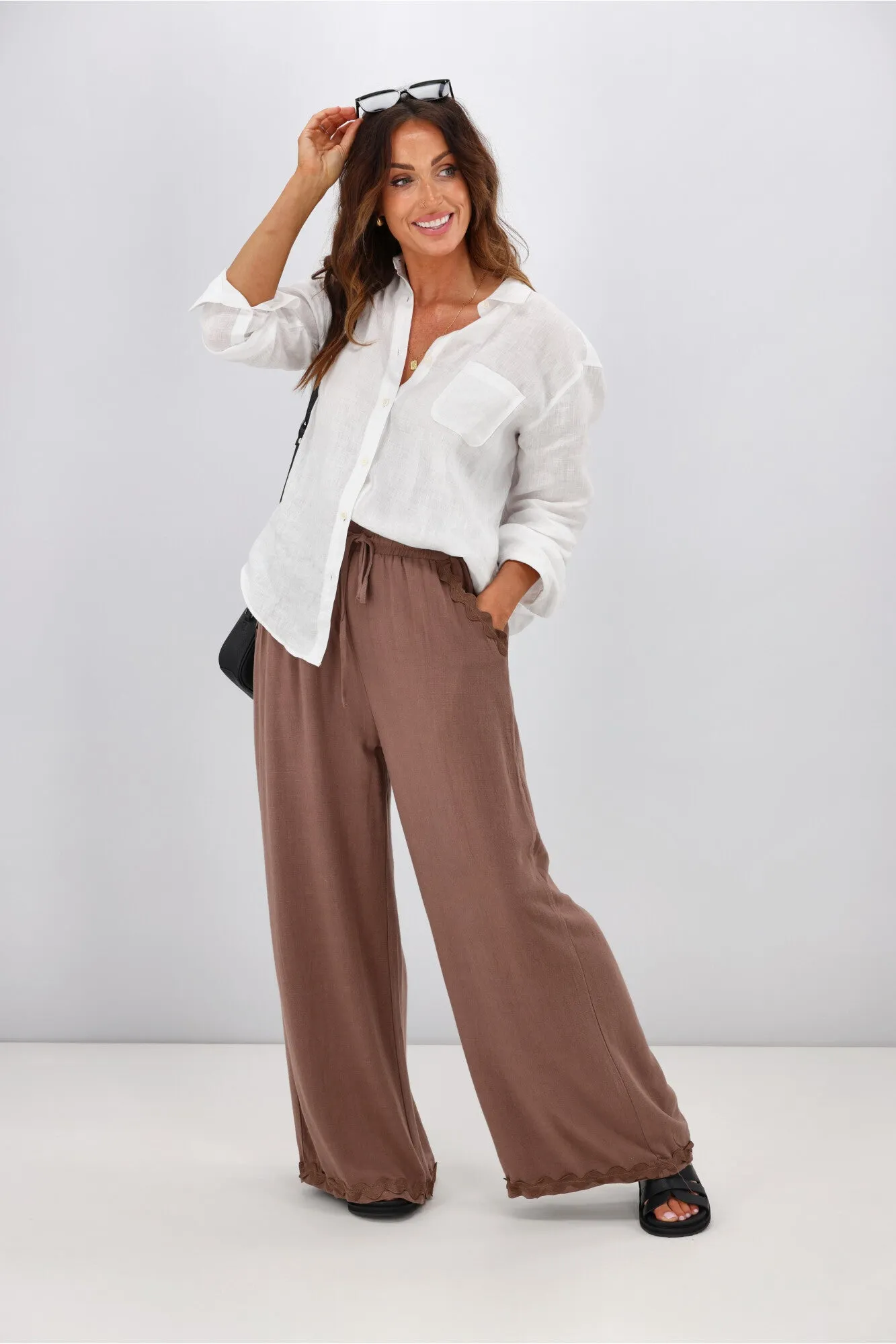 Grace & Co Ric Rac Trim Linen Pants Chocolate
