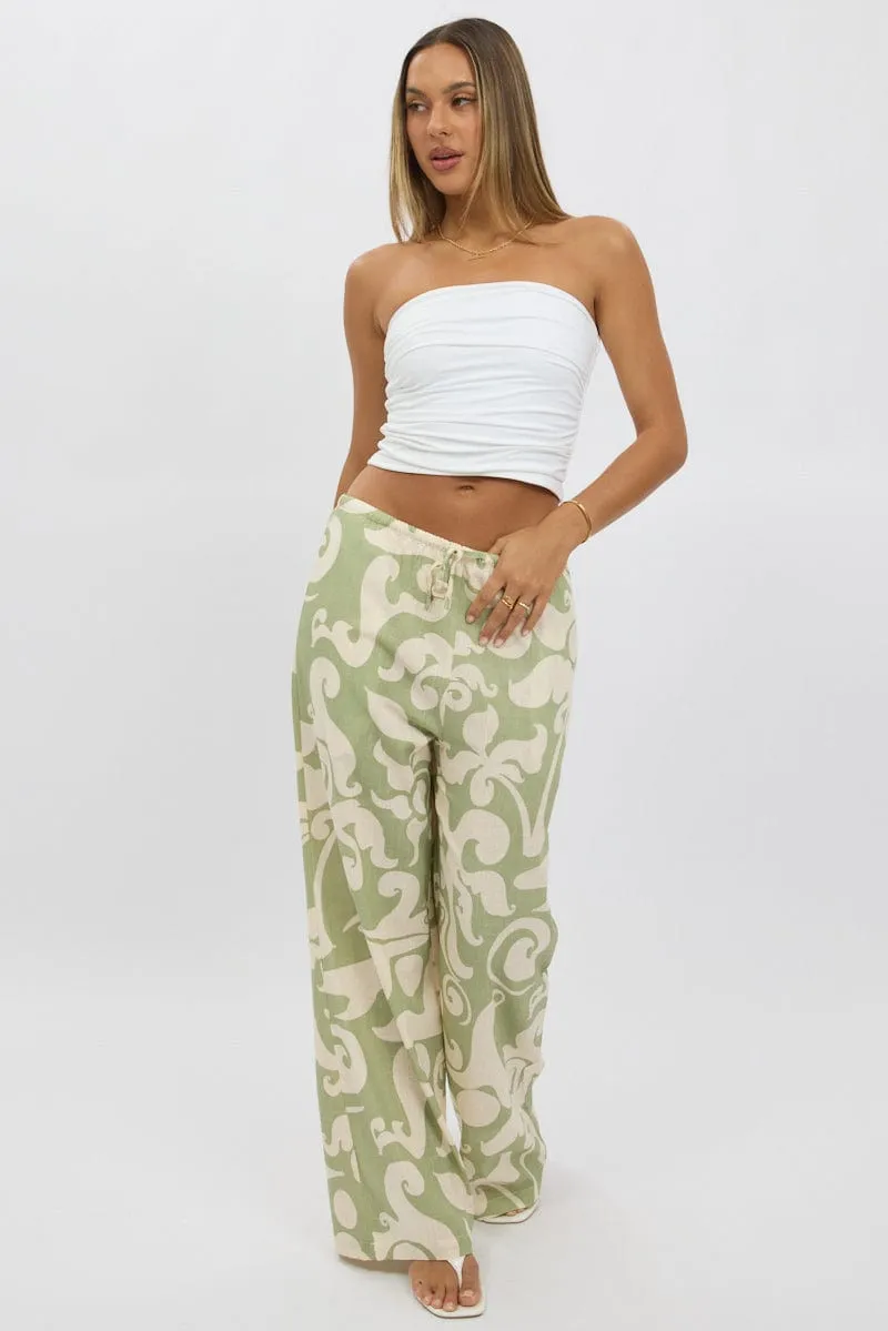 Green Abstract Wide Leg Pants High Rise