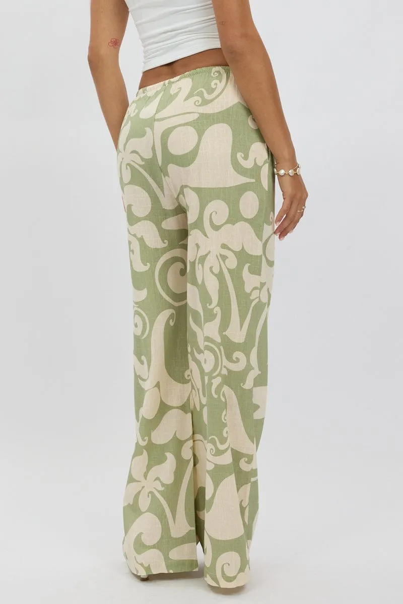 Green Abstract Wide Leg Pants High Rise