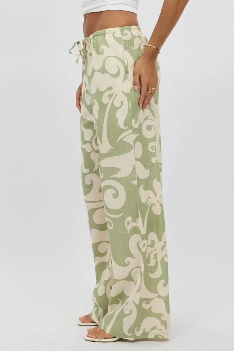 Green Abstract Wide Leg Pants High Rise