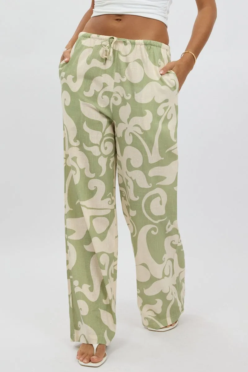 Green Abstract Wide Leg Pants High Rise