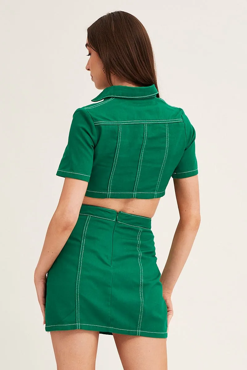 Green Contrast Stitch Mini Skirt