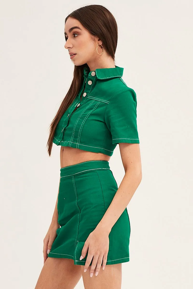 Green Contrast Stitch Mini Skirt