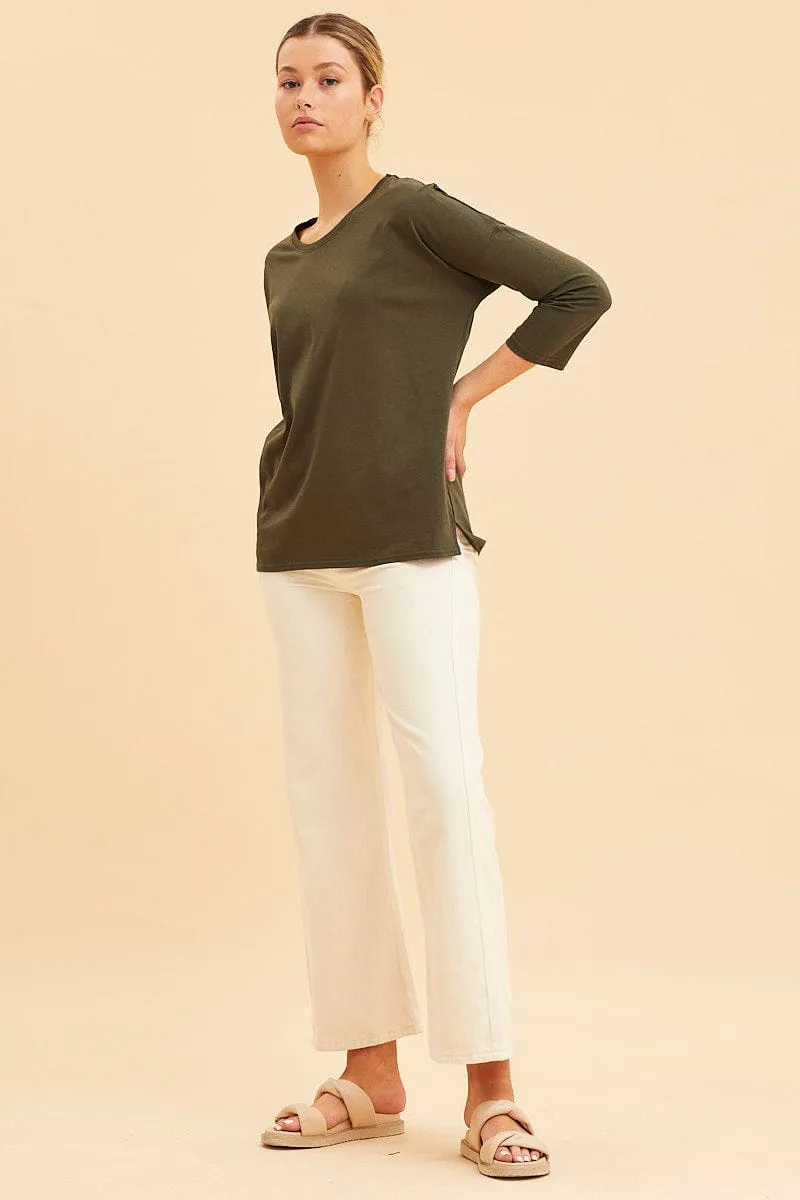 Green Cotton Top 3/4 Sleeve Drop Shoulder Relaxed Fit