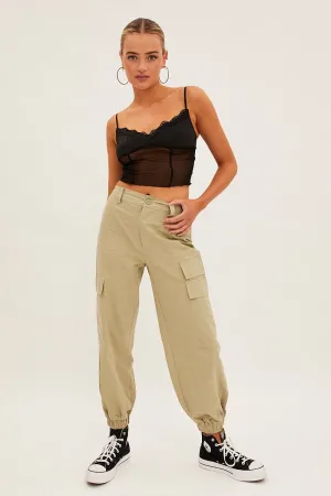 Green High Rise Wide Leg Cargo Pants
