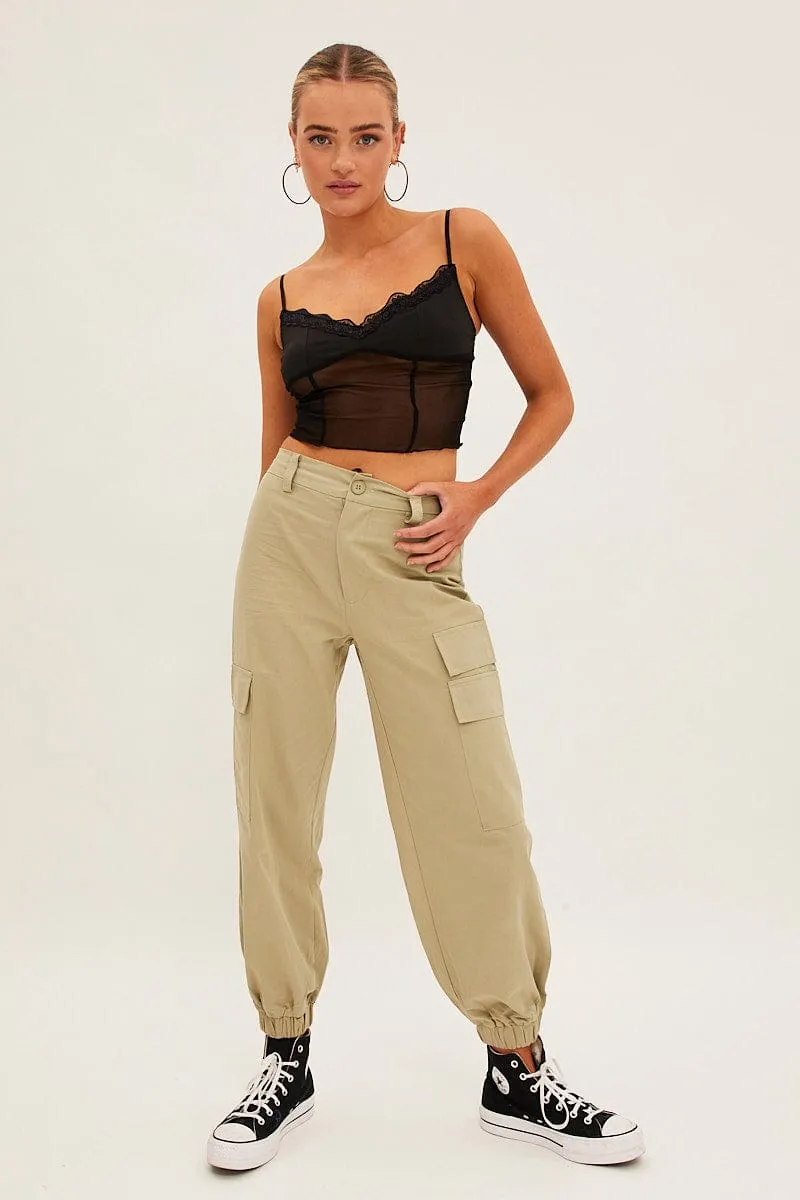 Green High Rise Wide Leg Cargo Pants