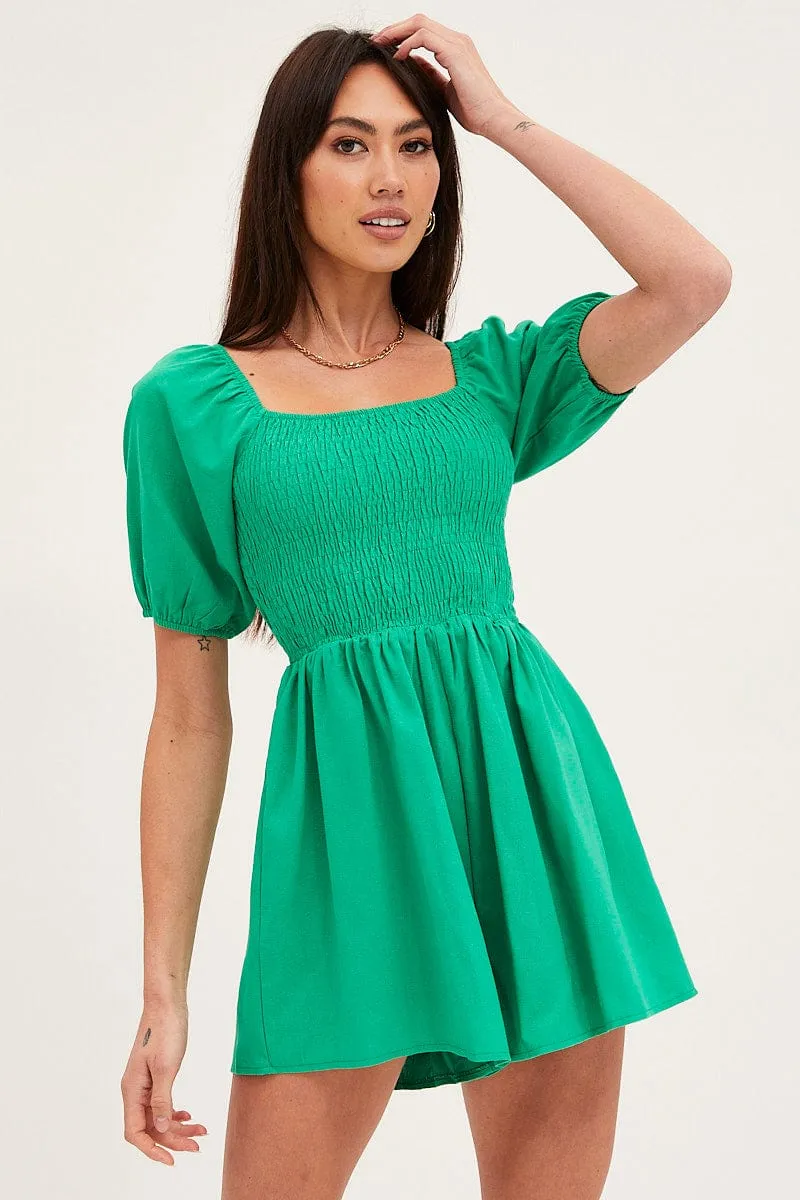 Green Playsuit Short Sleeve Square Neck