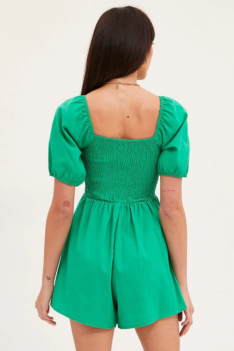 Green Playsuit Short Sleeve Square Neck