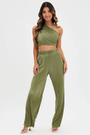 Green Plisse Pants Wide Leg