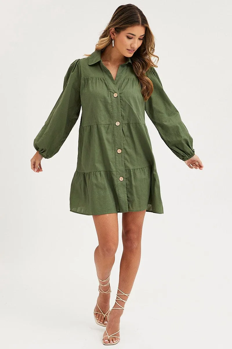 Green Tiered Dress Long Sleeve Mini