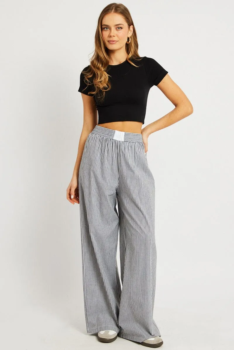 Grey Stripe Wide Leg Pants High Rise