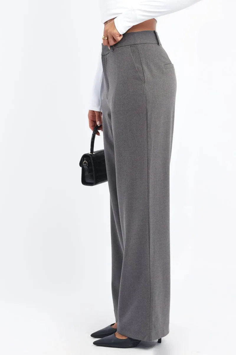 Grey Wide Leg Pants Mid Rise