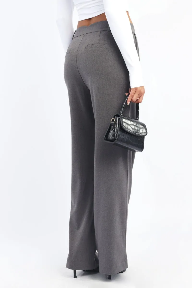 Grey Wide Leg Pants Mid Rise