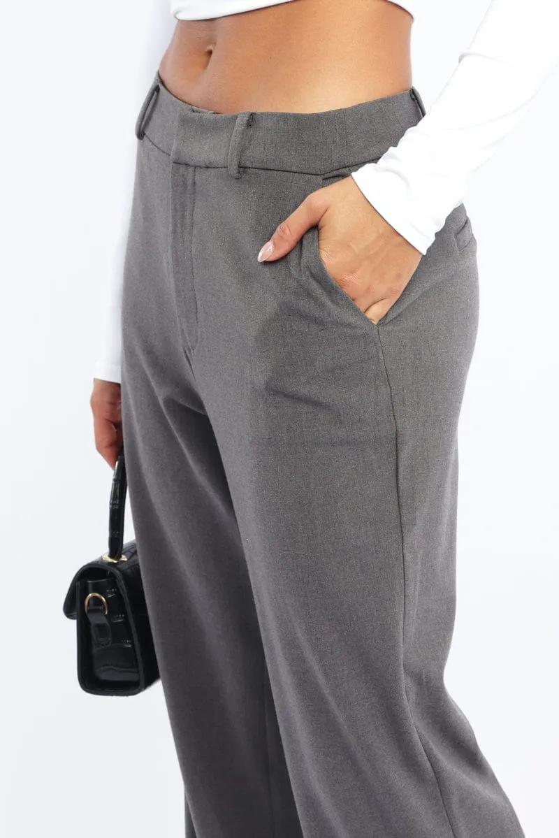 Grey Wide Leg Pants Mid Rise
