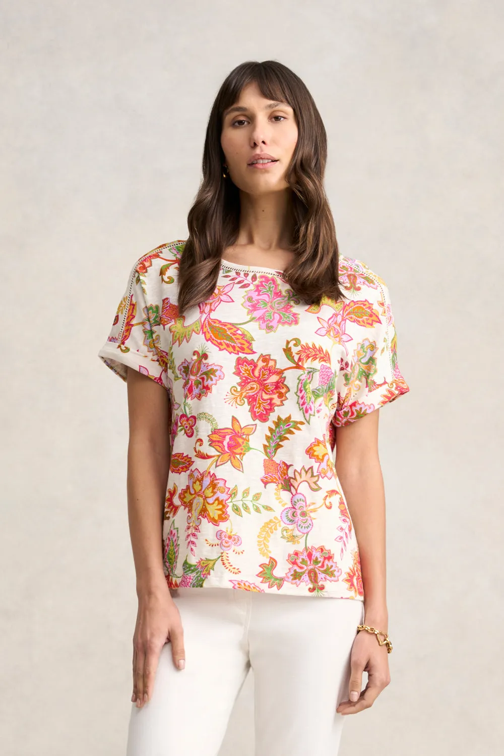 Ladder Trim Tee - Floral White Print