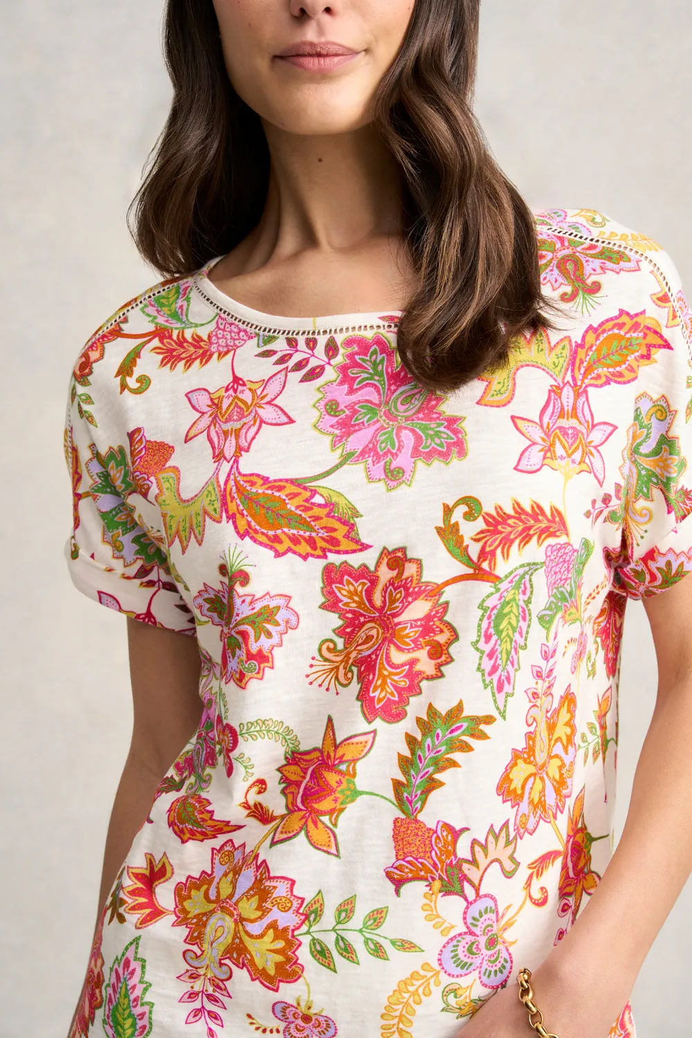 Ladder Trim Tee - Floral White Print