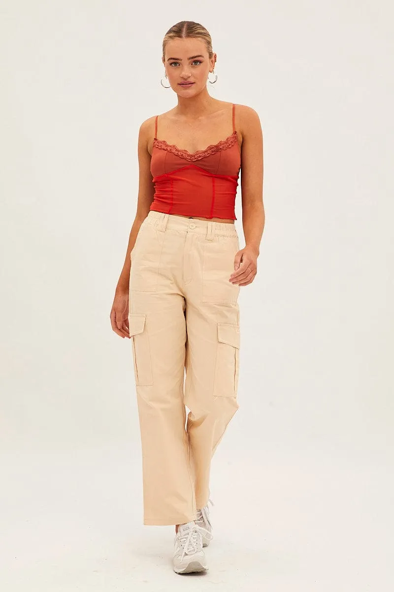Orange Lace Trim Mesh Cami Top