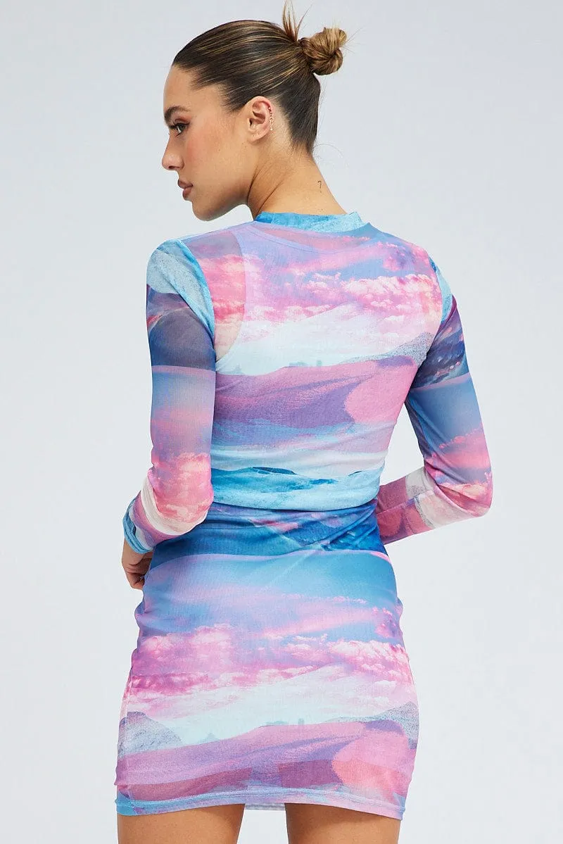 Pink Abstract Mini Dress Long Sleeve Crew Neck Ruched Waist Mesh