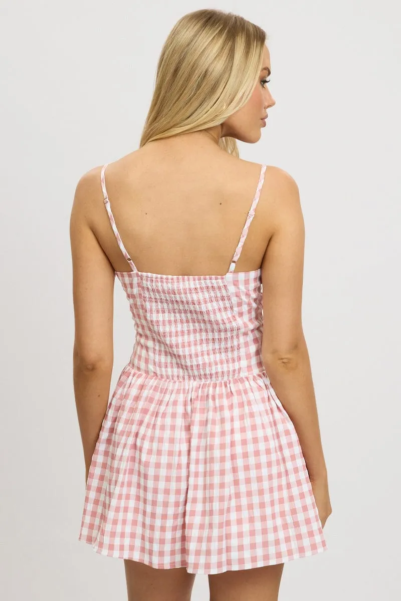 Pink Check Fit And Flare Dress Mini
