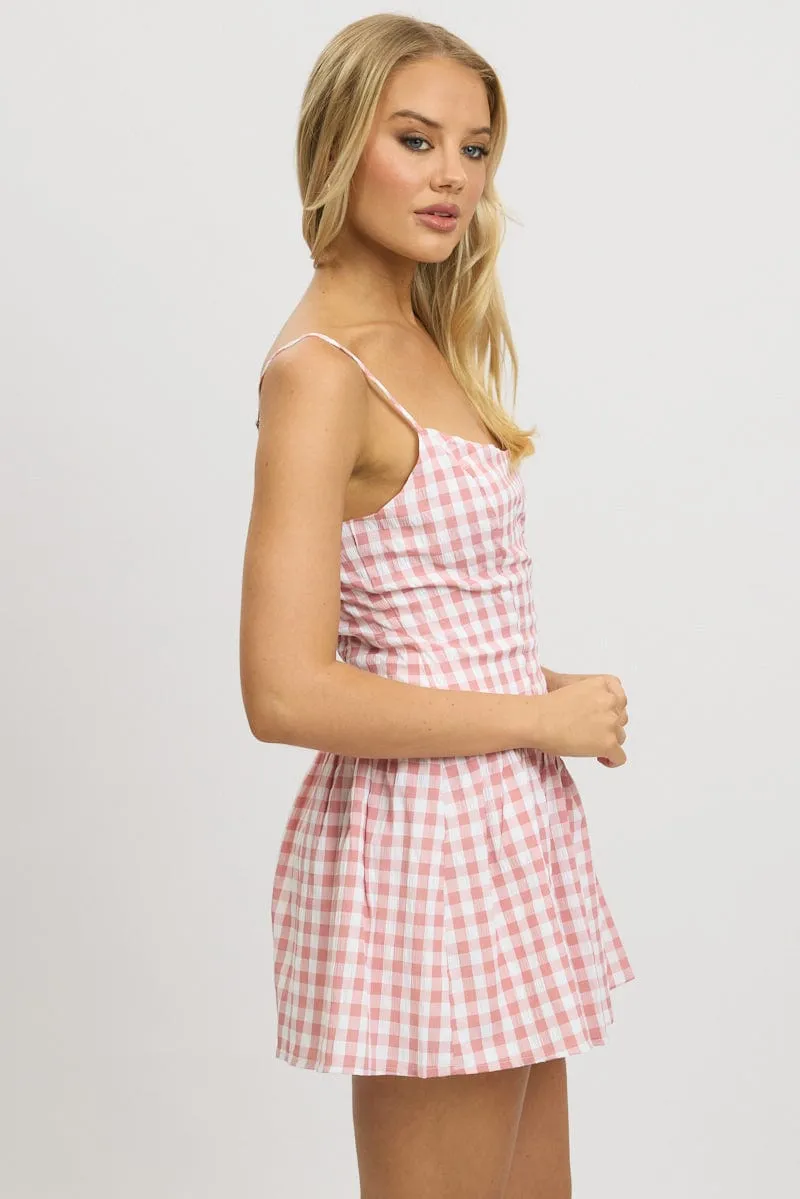 Pink Check Fit And Flare Dress Mini