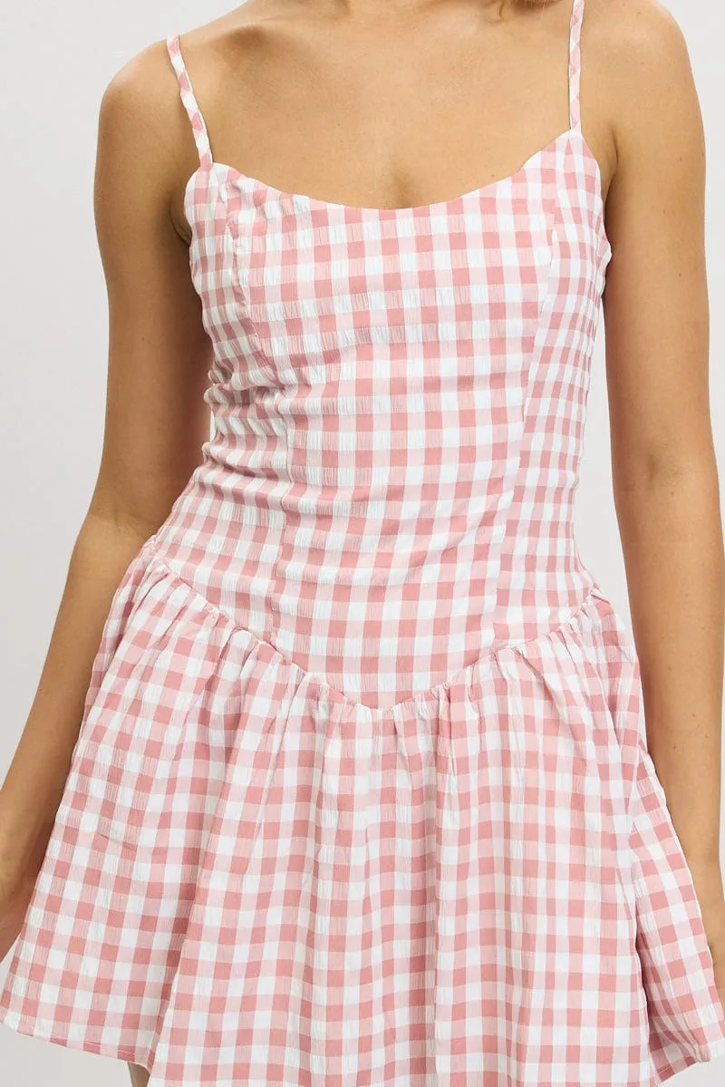 Pink Check Fit And Flare Dress Mini