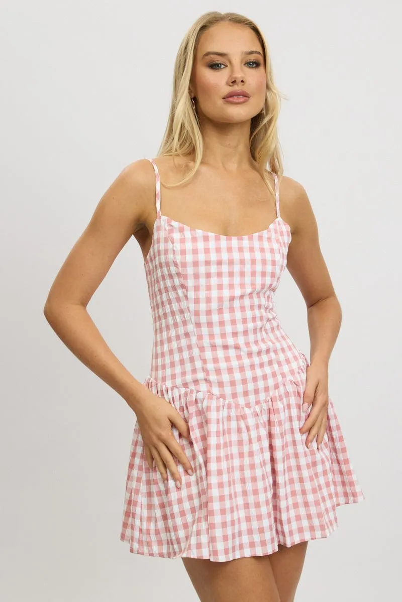 Pink Check Fit And Flare Dress Mini