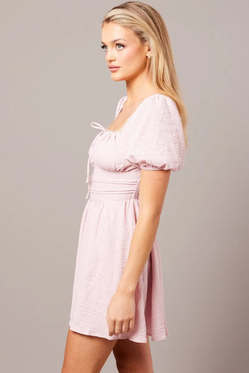 Pink Fit And Flare Dress Puff Sleeve
