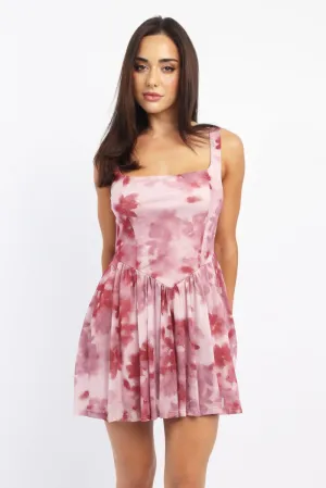 Pink Floral Fit And Flare Dress Mini
