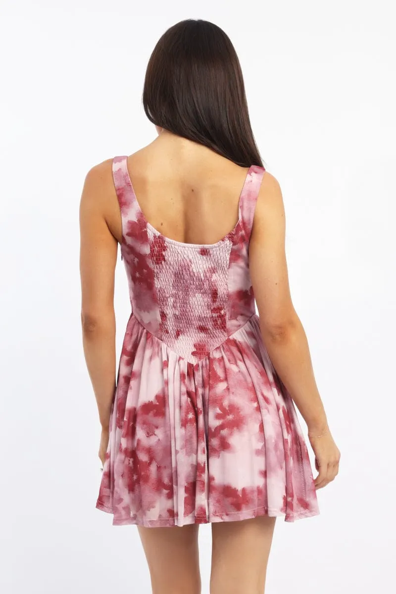 Pink Floral Fit And Flare Dress Mini