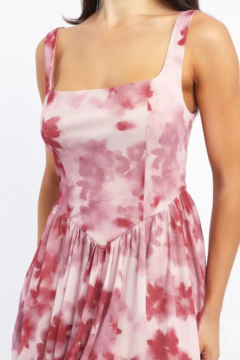 Pink Floral Fit And Flare Dress Mini
