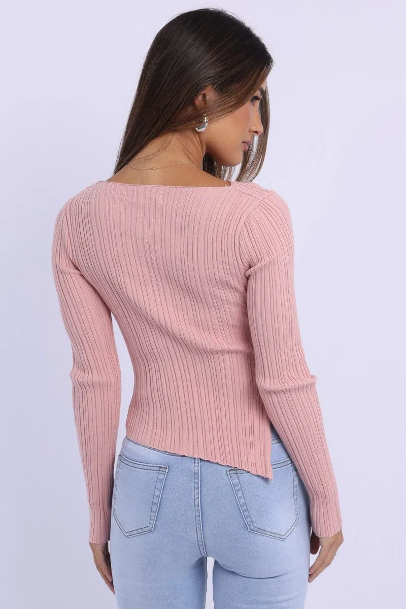 Pink Knit Top Long Sleeve Cut Out