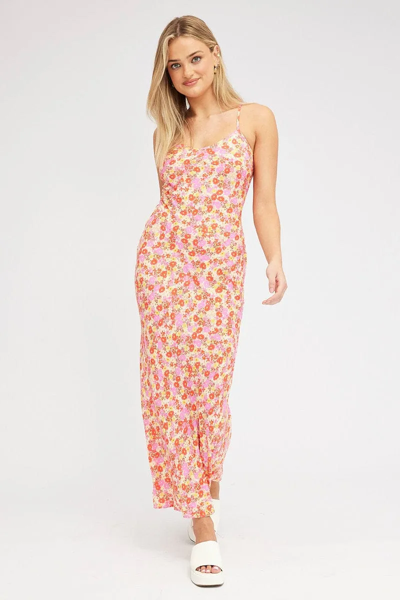 Red Floral Maxi Dress Bias Cut