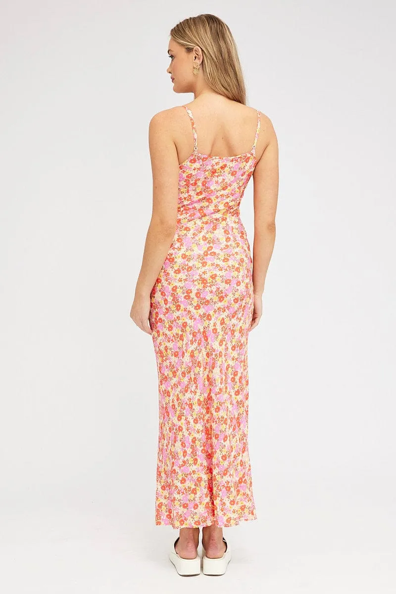 Red Floral Maxi Dress Bias Cut