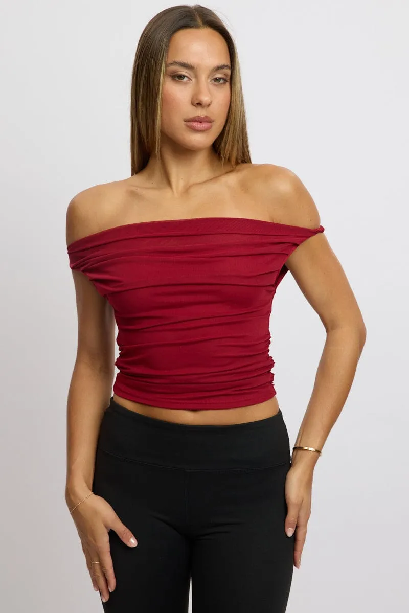 Red Off Shoulder Top Mesh