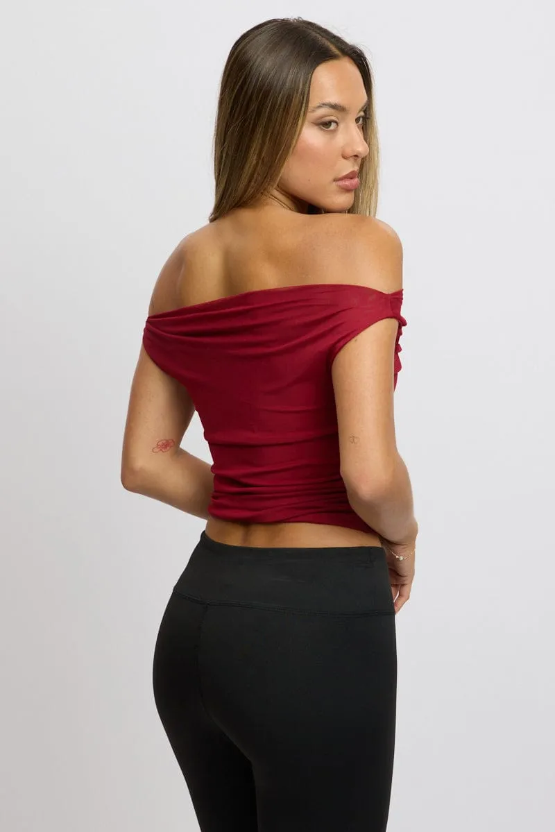 Red Off Shoulder Top Mesh