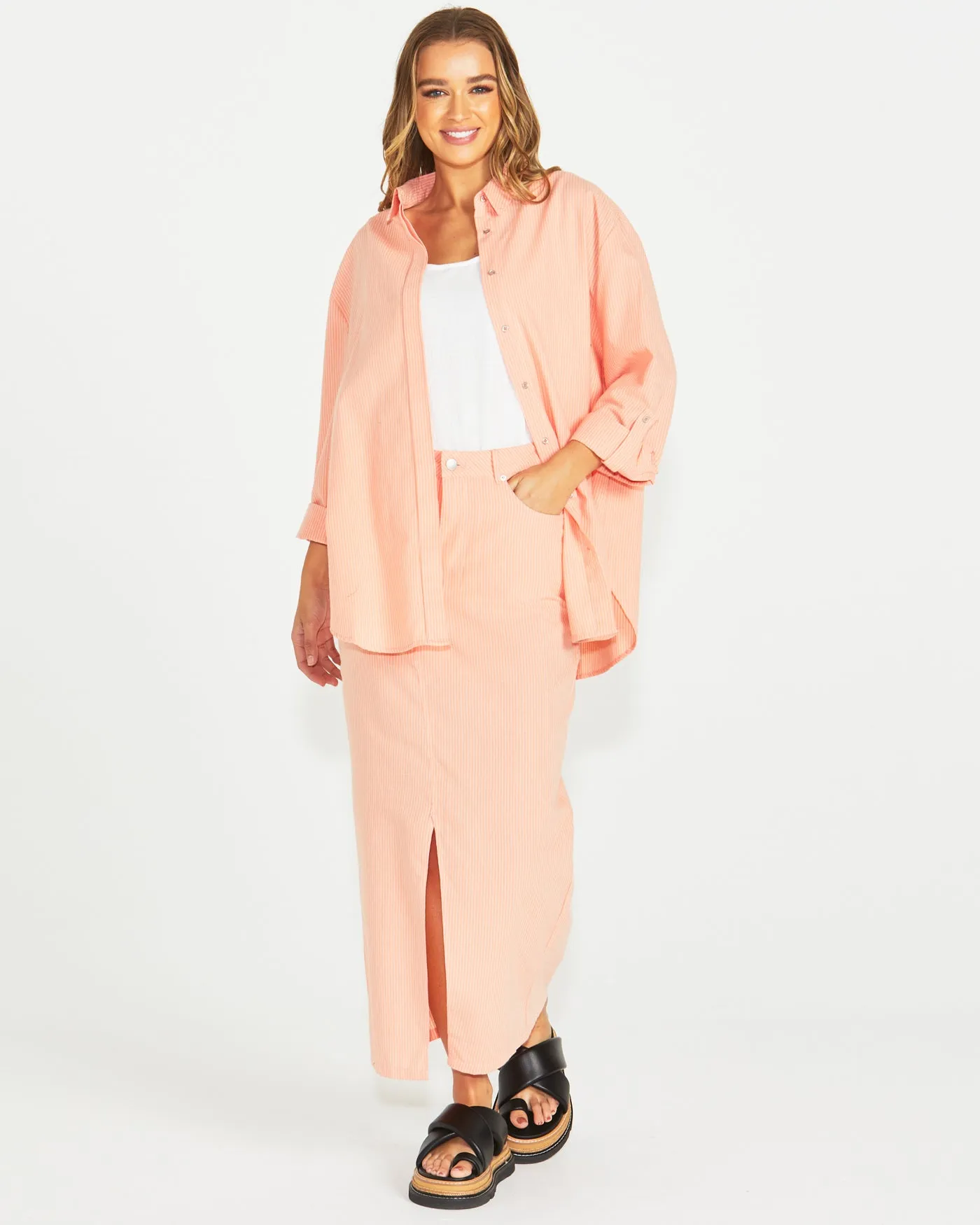 Sass Liberty Shirt Neon Peach White Stripe