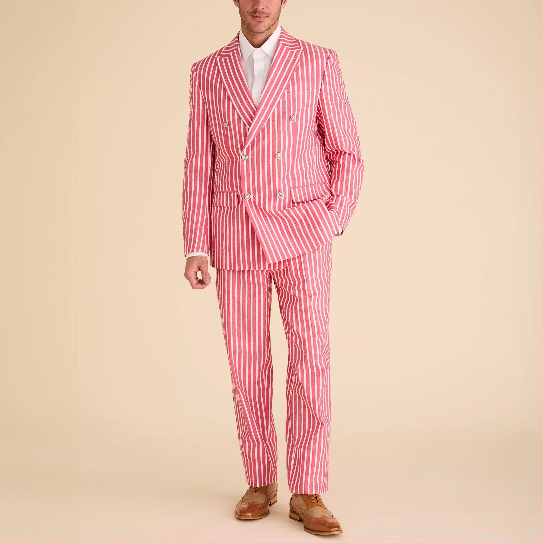 Seersucker Wide Stripe Double Breasted Blazer - Red