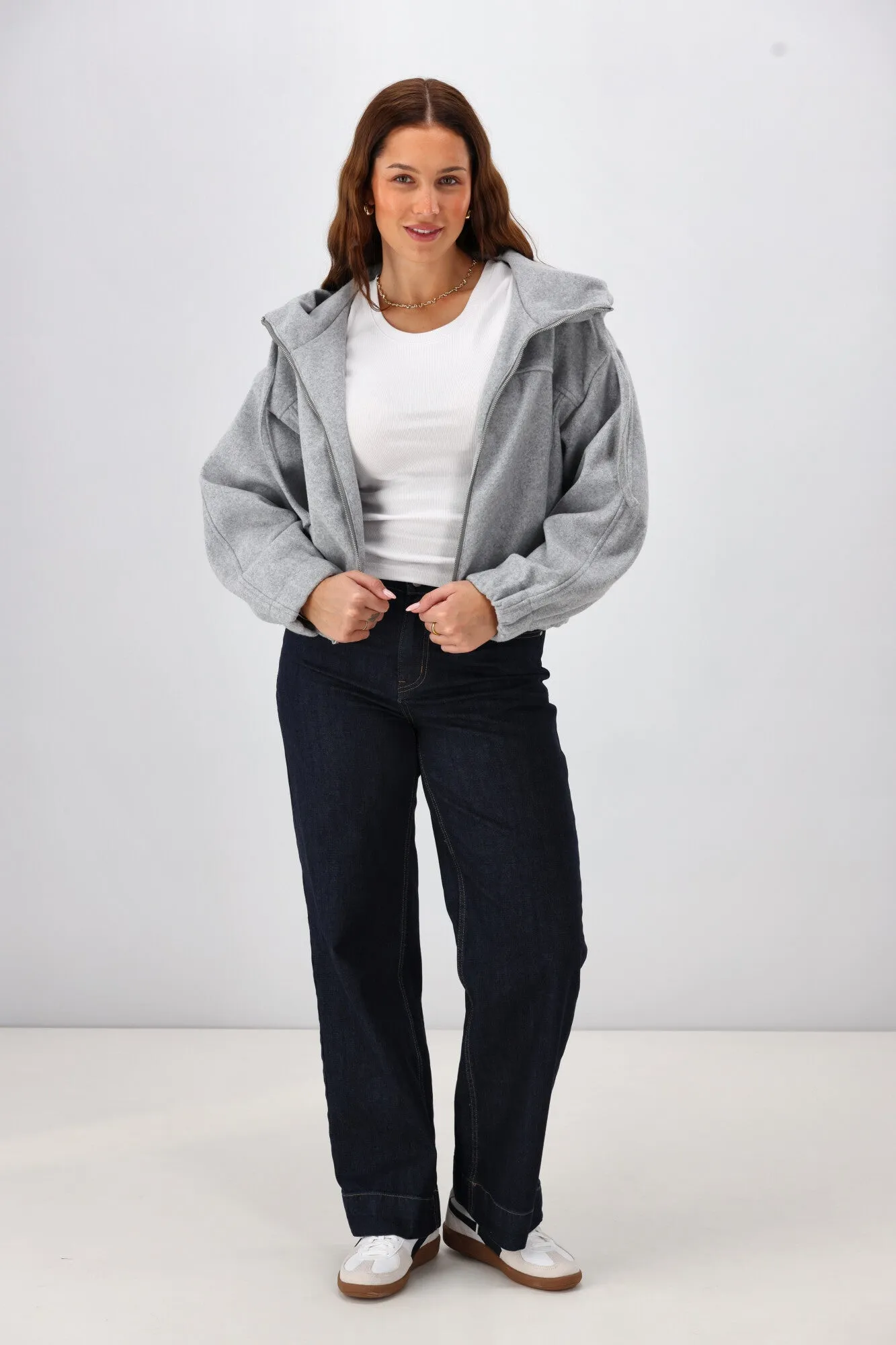 Shine On Label Metro Felt Hooded Bomber Jacket Grey Marl