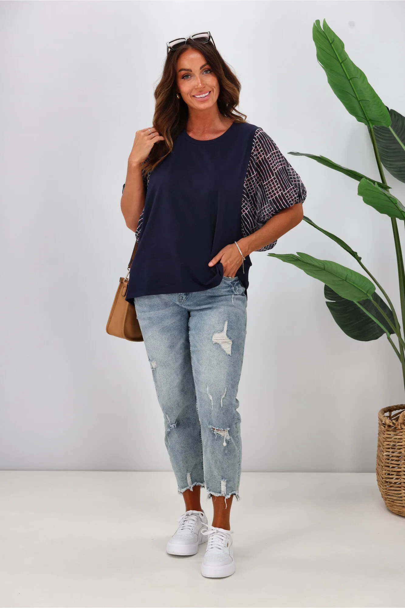 Shine On Label Selma Chiffon Sleeve Top Ink w Square Print