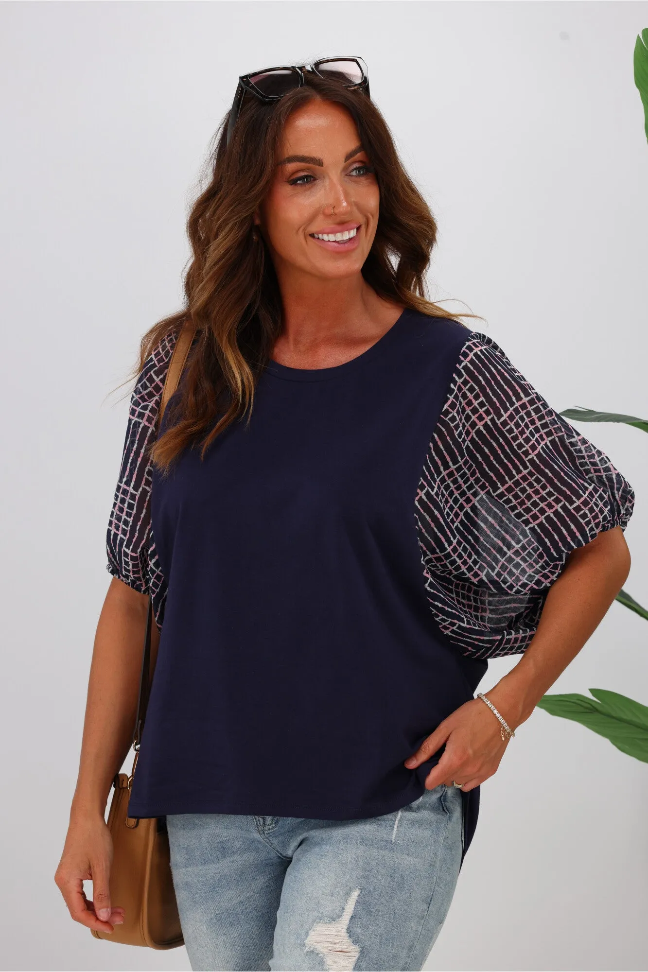 Shine On Label Selma Chiffon Sleeve Top Ink w Square Print